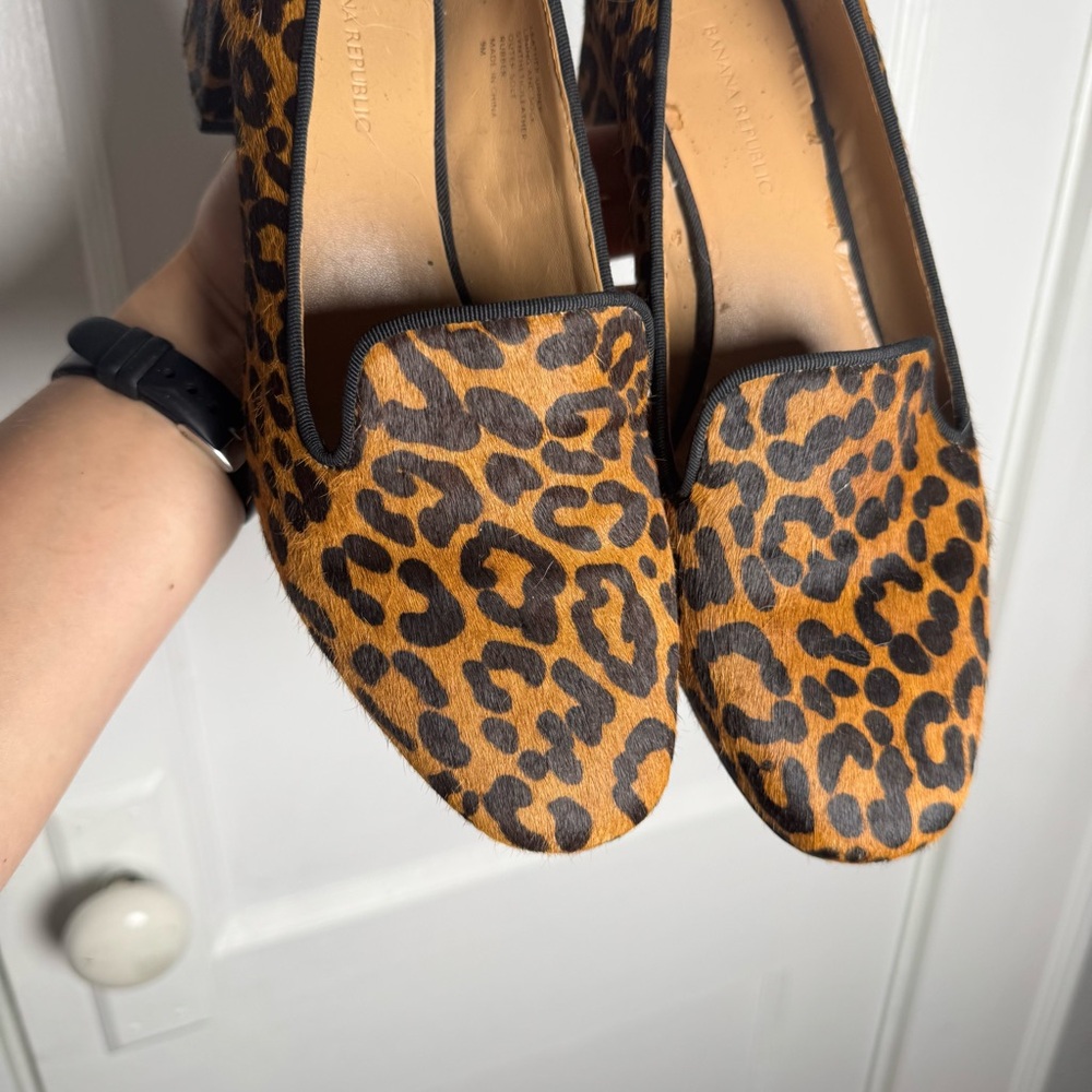 Banana Republic Leopard Cheetah Print Calf Hair Smoking Slipper Heel Size 9 - Picture 3 of 12